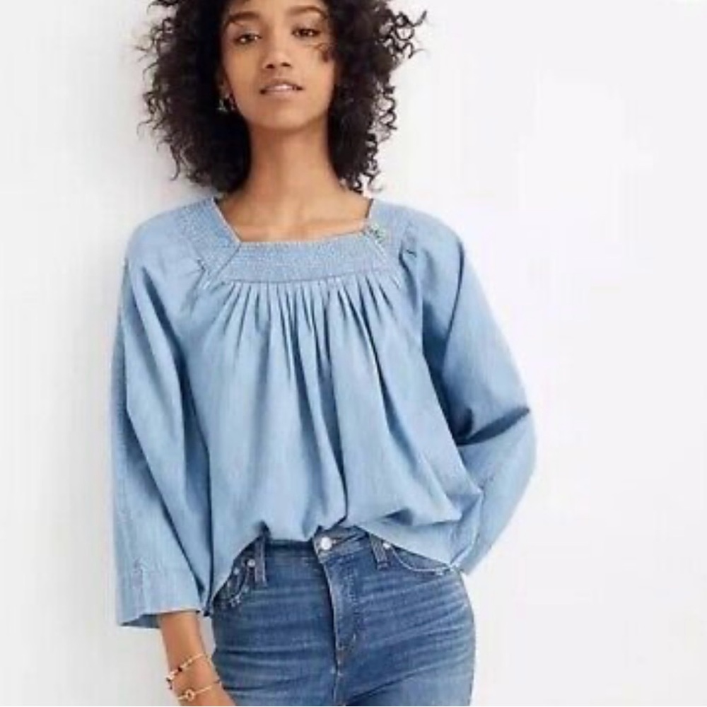 Madewell Denim Square Neck Peasant Top